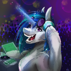 Size: 1378x1378 | Tagged: safe, artist:ixyotta, dj pon-3, vinyl scratch, pony, unicorn, g4, abstract background, bust, cloven hooves, crowd, fangs, female, floating heart, fluffy, glasses, glowing, glowing horn, headphones, heart, horn, looking at you, magic, mare, open mouth, open smile, record, screen, signature, smiling, smiling at you, solo, sparkles, teeth, turntable, unshorn fetlocks, vinyl's glasses, wrong eye color