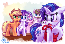 Size: 1475x1000 | Tagged: safe, artist:whitediamonds, applejack, cookie crumbles, hondo flanks, rarity, sweetie belle, oc, oc:glory dwells, earth pony, pony, unicorn, fanfic:how far away you roam, rarijack daily, g4, angry, applejack's hat, aunt and niece, belle sisters, blushing, cowboy hat, family, fanfic, fanfic art, father and child, father and daughter, female, filly, floppy ears, foal, freckles, group, hat, horn, lesbian, looking at someone, looking back, male, mare, mother and child, mother and daughter, offspring, open mouth, parent:applejack, raised hoof, rarity's parents, sextet, ship:cookieflanks, ship:rarijack, shipping, siblings, signature, sisters, stallion, straight, tail, unicorn oc