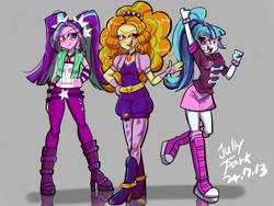 Size: 1024x768 | Tagged: safe, artist:jully-park, adagio dazzle, aria blaze, sonata dusk, human, equestria girls, g4, boots, bracelet, clothes, female, gem, gray background, high heels, jewelry, looking at you, one eye closed, open mouth, open smile, pigtails, ponytail, shoes, simple background, siren gem, skirt, smiling, smiling at you, smirk, the dazzlings, trio, trio female, twintails