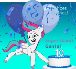 Size: 527x474 | Tagged: artist needed, safe, zipp storm, pegasus, pony, g5, my little pony: tell your tale, anniversary, balloon, cake, confetti, female, food, gradient background, mare, solo, spanish, super radio genial