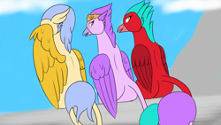 Size: 1920x1080 | Tagged: safe, artist:silverfan, oc, oc only, griffon, behaving like a bird, butt, female, grooming, line-up, looking back, plot, plotline, preening, sitting, trio, wings