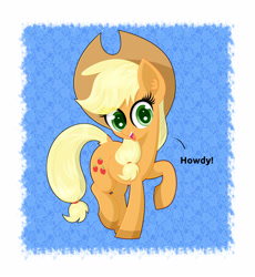 Size: 2300x2500 | Tagged: safe, artist:scandianon, applejack, earth pony, pony, g4, female, howdy, looking at you, mare, open mouth, open smile, passepartout, pose, raised hoof, smiling, solo, talking, talking to viewer