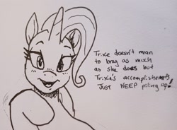 Size: 2048x1505 | Tagged: safe, artist:pony quarantine, trixie, pony, unicorn, g4, bust, dialogue, female, horn, looking at you, mare, pen drawing, solo, talking to viewer, traditional art