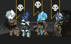 Size: 7200x4500 | Tagged: safe, artist:lone wolf, oc, oc:hbg, oc:maple night, oc:starglows, oc:永恒, bat pony, pony, unicorn, armor, bat pony oc, bipedal, clothes, helldivers, helldivers 2, helmet, horn, looking at each other, looking at someone, looking at something, smiling, unicorn oc, uniform, video game