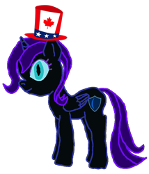 Size: 749x873 | Tagged: safe, artist:alexlayer, artist:benoit rochon, artist:cmara, artist:railpony, artist:taionafan369, artist:ziyun2368461573, editor:railpony, editor:taionafan369, oc, oc only, oc:nyx, alicorn, pony, adolescent, alicorn oc, base used, canada, canadian american, female, female oc, folded wings, hat, horn, mare, mare oc, older, older nyx, pony oc, simple background, slit pupils, solo, top hat, transparent background, uncle sam, united states, wings