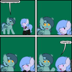 Size: 574x574 | Tagged: safe, artist:jerkface, oc, oc only, oc:dusky, oc:lucky roll, bat pony, 4 panel comic, ^^, bat pony oc, bat wings, bonequest, bowtie, clothes, comic, cute, dialogue, ear tufts, eeee, eyes closed, fangs, female, frown, green background, looking at you, mare, ocbetes, open mouth, raised hoof, scrunchy face, simple background, smiling, socks, speech bubble, text, tinnitus, vest, wavy mouth, wings