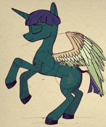 Size: 707x848 | Tagged: safe, artist:kujivunia, oc, oc only, oc:zedro adarra, alicorn, colored wings, concave belly, eyes closed, female, horn, lidded eyes, mare, multicolored wings, rearing, short mane, side view, simple background, sketch, slender, solo, spread wings, thin, wings