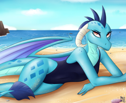 Size: 1696x1400 | Tagged: safe, artist:bmonedula, princess ember, dragon, anthro, g4, beach, belly, belly button, clothes, dragoness, female, lying down, ocean, one-piece swimsuit, sand, solo, swimsuit, water