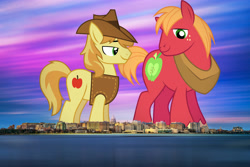 Size: 2048x1367 | Tagged: safe, artist:dashiesparkle edit, artist:frownfactory, edit, editor:jaredking779, big macintosh, braeburn, earth pony, pony, g4, clothes, cousins, duo, duo male, freckles, giant pony, hat, highrise ponies, horse collar, irl, macro, madison, male, photo, ponies in real life, really big mac, smiling, stallion, story included, vest, wisconsin