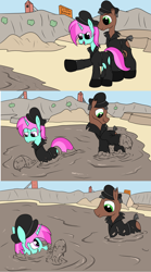 Size: 2000x3592 | Tagged: safe, artist:amateur-draw, oc, oc only, oc:belle boue, oc:oak wood, earth pony, unicorn, 3 panel comic, boots, clothes, comic, covered in mud, duo, duo male, gay, gloves, horn, jacket, leather, leather boots, leather gloves, leather hat, leather jacket, leather vest, male, mud, mud bath, muddy, quarry, shoes, sign, sinking, vest