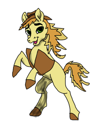 Size: 2124x2687 | Tagged: safe, artist:blackblade360, edit, vector edit, braeburn, earth pony, pony, g4, clothes, cowboy, cowboy hat, cream coat, crossover, green eyes, hat, ibispaint x, looking at you, male, rearing, simple background, solo, stallion, tail, transparent background, two toned mane, two toned tail, unshorn fetlocks, vector, vest, wild manes, wild manesified