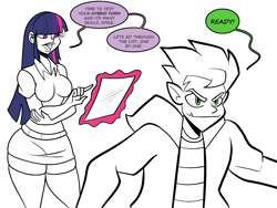 Size: 1800x1350 | Tagged: safe, artist:chillguydraws, artist:thicc-verse, spike, twilight sparkle, human, g4, breasts, busty twilight sparkle, clothes, dialogue, duo, duo male and female, elf ears, female, human spike, humanized, levitation, magic, male, partial color, simple background, skirt, snaggletooth, socks, speech bubble, telekinesis, thigh highs, white background, wide hips