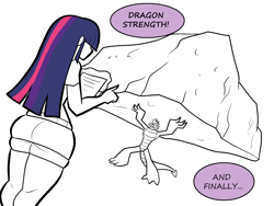 Size: 1800x1350 | Tagged: safe, artist:chillguydraws, artist:thicc-verse, spike, twilight sparkle, dragon, human, anthro, digitigrade anthro, g4, ass, butt, clothes, dialogue, duo, duo male and female, female, humanized, lifting, male, older, older spike, partial color, rock, simple background, socks, speech bubble, thigh highs, twibutt, white background