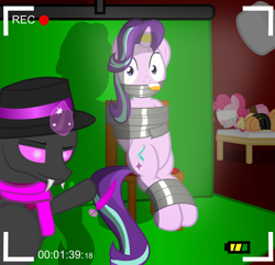 Size: 2800x2700 | Tagged: safe, artist:cardshark777, applejack, pinkie pie, starlight glimmer, oc, oc:card shark, changeling, earth pony, pony, unicorn, g4, battery, bed, belt, blindfold, bondage, bound and gagged, camera shot, chair, changeling oc, clothes, digital art, feather, fedora, female, gag, glowing, glowing horn, green screen, hat, helpless, hooves, hooves behind back, horn, horn ring, imminent tickles, inhibitor ring, jewelry, lamp, levitation, lidded eyes, looking at you, lying down, magic, magic aura, magic suppression, male, mare, pink changeling, pink eyes, recording studio, ring, sitting, smiling, sock gag, socks, stage light, tape, tape bondage, tape gag, telekinesis, tied to chair, tied up, timer, two toned mane