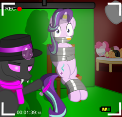 Size: 2800x2700 | Tagged: safe, artist:cardshark777, applejack, pinkie pie, starlight glimmer, oc, oc:card shark, changeling, earth pony, pony, unicorn, g4, battery, bed, belt, blindfold, bondage, bound and gagged, camera shot, chair, changeling oc, clothes, digital art, feather, fedora, female, gag, glowing, glowing horn, green screen, hat, helpless, hooves, hooves behind back, horn, horn ring, imminent tickles, inhibitor ring, jewelry, lamp, legs together, levitation, lidded eyes, looking at you, lying down, magic, magic aura, magic suppression, male, mare, pink changeling, pink eyes, recording studio, ring, sitting, smiling, sock gag, socks, stage light, tape, tape bondage, tape gag, telekinesis, tied to chair, tied up, timer, two toned mane