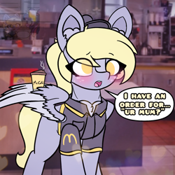 Size: 1500x1500 | Tagged: safe, artist:sodapop sprays, part of a set, derpy hooves, pegasus, pony, series:derpy can't catch a break, g4, blushing, clothes, ear fluff, fast food, food, hat, mcdonald's, meme, part of a series, real life background, solo, text, uniform, uniform hat, your mom