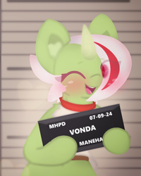 Size: 1026x1283 | Tagged: safe, artist:sodapop sprays, oc, oc only, oc:vonda, oc:vondsketch, pony, unicorn, semi-anthro, barbie mugshot meme, chest fluff, clothes, ear fluff, eye clipping through hair, horn, jail, looking at you, manehattan, meme, mugshot, one eye closed, solo, wink, winking at you