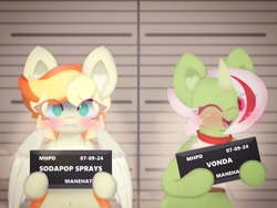 Size: 4096x3072 | Tagged: safe, artist:sodapop sprays, oc, oc only, oc:sodapop sprays, oc:vonda, oc:vondsketch, pegasus, pony, unicorn, semi-anthro, barbie mugshot meme, blushing, chest fluff, clothes, crying, duo, ear fluff, eye clipping through hair, guilty, horn, jail, looking at you, manehattan, meme, mugshot, one eye closed, this will not end well, wink, winking at you