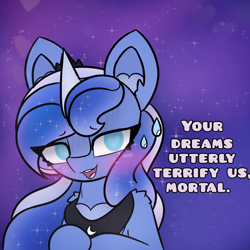 Size: 4096x4096 | Tagged: safe, artist:sodapop sprays, princess luna, alicorn, pony, g4, chest fluff, ear fluff, eye clipping through hair, flustered, heart, heart eyes, looking at you, solo, sweat, sweatdrop, talking to viewer, text, wingding eyes, worried