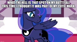 Size: 1080x601 | Tagged: safe, edit, edited screencap, screencap, princess luna, alicorn, pony, g4, my little pony: friendship is magic, twilight's kingdom, canterlot castle interior, caption, confused, cutie mark, female, image macro, mare, solo, text