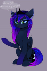 Size: 2400x3634 | Tagged: safe, artist:magnaluna, princess luna, alicorn, pony, g4, bat wings, chest fluff, crown, curved horn, did you just assume my gender?, ear fluff, ethereal mane, ethereal tail, eyeshadow, female, fluffy, folded wings, gender, gradient eyes, gray background, high res, horn, jewelry, leg fluff, makeup, mare, open mouth, raised hoof, regalia, simple background, sitting, social justice warrior, solo, speech bubble, tail, triggered, wings