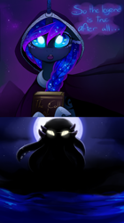 Size: 1600x2851 | Tagged: safe, artist:magnaluna, princess luna, alicorn, pony, g4, 2 panel comic, book, braid, braided ponytail, call of cthulhu, cheek fluff, cloak, clothes, comic, constellation, cthulhu, cthulhu mythos, ear fluff, ethereal mane, eyelashes, female, full moon, galaxy mane, high res, hood, horn, mare, moon, night, night sky, open mouth, outdoors, ponytail, sky, slit pupils, speech bubble, stars, wingding eyes