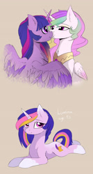 Size: 2600x4835 | Tagged: dead source, safe, artist:magnaluna, princess celestia, twilight sparkle, oc, oc:lumina, alicorn, pony, unicorn, g4, :t, boop, chest fluff, colored wings, colored wingtips, ear fluff, eye contact, eyeshadow, female, fluffy, folded wings, high res, horn, horns are touching, kissing, lesbian, lidded eyes, looking at each other, looking at someone, looking at you, lying down, magical lesbian spawn, makeup, mare, nose wrinkle, noseboop, offspring, parent:princess celestia, parent:twilight sparkle, parents:twilestia, peytral, prone, ship:twilestia, shipping, smiling, sploot, spread wings, tail, trio, trio female, twilight sparkle (alicorn), unicorn oc, wings