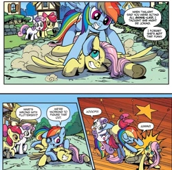 Size: 1966x1952 | Tagged: safe, artist:pencils, idw, official comic, apple bloom, fluttershy, rainbow dash, sweetie belle, earth pony, pegasus, pony, unicorn, g4, spoiler:comic, spoiler:comic73, abuse, applebuse, comic, dashabuse, eyes closed, faic, female, fight, flutterbuse, gritted teeth, horn, kicking, one eye closed, ponyville, sidekick, sweetiebuse, tackle, teeth, tongue out