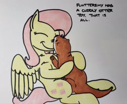 Size: 2048x1678 | Tagged: safe, artist:hoofclid, fluttershy, otter, pegasus, pony, g4, cute, eyes closed, female, hug, mare, marker drawing, plushie, shyabetes, smiling, solo, traditional art