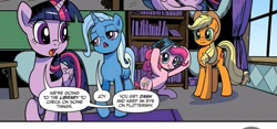 Size: 2034x948 | Tagged: safe, artist:pencils, idw, official comic, applejack, pinkie pie, trixie, twilight sparkle, alicorn, earth pony, pony, unicorn, g4, spoiler:comic, spoiler:comic73, book, bookshelf, horn, trixie is not amused, twilight sparkle (alicorn), unamused, window