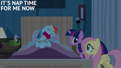 Size: 2000x1125 | Tagged: safe, edit, edited screencap, editor:quoterific, screencap, fluttershy, rainbow dash, twilight sparkle, pegasus, pony, unicorn, g4, read it and weep, season 2, bed, clothes, female, hospital, hospital bed, hospital gown, one ear down, open mouth, trio, trio female, unicorn twilight, volumetric mouth