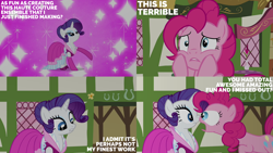 Size: 2000x1125 | Tagged: safe, edit, edited screencap, editor:quoterific, screencap, pinkie pie, rarity, earth pony, pony, unicorn, g4, season 3, too many pinkie pies, clothes, dress, duo, duo female, female, horn, mare