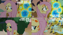 Size: 2000x1125 | Tagged: safe, edit, edited screencap, editor:quoterific, screencap, fluttershy, bee, flash bee, a health of information, g4, bag, saddle bag, solo, swamp fever, tree