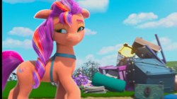 Size: 1289x720 | Tagged: safe, screencap, sunny starscout, earth pony, pony, g5, izzy does it, my little pony: make your mark, my little pony: make your mark chapter 2, spoiler:g5, concave belly, cute, depth of field, derp, dizzy, female, floppy ears, lidded eyes, mane stripe sunny, mare, side view, slender, solo, sunny's bag, sunnybetes, thin