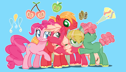 Size: 1797x1028 | Tagged: safe, artist:ruganiacross, big macintosh, pinkie pie, oc, oc:cherry apple, oc:party shout, oc:rocky pie, earth pony, pony, g4, blue background, colt, eye clipping through hair, eyebrows, eyebrows visible through hair, family, female, filly, foal, freckles, group hug, hug, male, mare, offspring, parent:big macintosh, parent:pinkie pie, parents:pinkiemac, ship:pinkiemac, shipping, simple background, stallion, straight, unshorn fetlocks