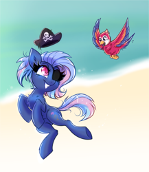 Size: 1932x2224 | Tagged: safe, artist:confetticakez, oc, oc only, oc:bit rate, bird, earth pony, parrot, pony, beach, chest fluff, earth pony oc, eyepatch, female, grin, hat, high res, mare, outdoors, pirate hat, smiling, solo, tail, water
