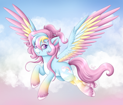 Size: 2400x2048 | Tagged: safe, artist:puggie, oc, oc only, oc:soft skies, pegasus, pony, artfight, cloud, flying, fusion, fusion:fluttershy, fusion:rainbow dash, solo