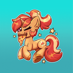 Size: 5197x5197 | Tagged: safe, artist:confetticakez, oc, oc only, oc:deep dish, food pony, pony, unicorn, abstract background, absurd resolution, blue background, blushing, chibi, convention art, ear fluff, female, food, freckles, gradient background, horn, looking at you, mare, mascot, meat, mouth hold, one eye closed, pepperoni, pepperoni pizza, pizza, ponified, smiling, smiling at you, solo, stars, tail, unicorn oc, whinny city pony con, wink, winking at you