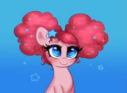 Size: 2961x2160 | Tagged: safe, artist:confetticakez, pinkie pie, earth pony, pony, g4, afro puffs, alternate hairstyle, blue background, cute, diapinkes, ethereal mane, female, gradient background, heart, heart eyes, high res, mare, smiling, solo, starry mane, stars, wingding eyes