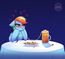 Size: 4000x3616 | Tagged: safe, artist:confetticakez, rainbow dash, pegasus, pony, g4, apple cider, atg 2021, blush lines, blushing, cargo ship, cider, cider dash, cider mug, cigarette, date, disney, ear fluff, female, floating heart, floppy ears, folded wings, food, heart, heart eyes, high res, lady and the tramp, mare, mug, newbie artist training grounds, pasta, shipping, solo, spaghetti, table, that pony sure does love cider, wat, wingding eyes, wings