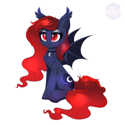 Size: 4000x4000 | Tagged: safe, artist:confetticakez, princess luna, bat pony, pony, g4, absurd resolution, alternate mane color, bat ponified, bat wings, blushing, chest fluff, collar, cute, cute little fangs, ear fluff, ear tufts, ethereal mane, ethereal tail, eyeshadow, fangs, female, lunabetes, makeup, mare, race swap, simple background, sitting, solo, spread wings, tail, white background, wings