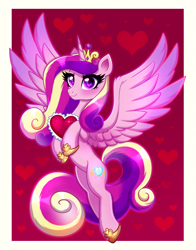 Size: 3149x4020 | Tagged: safe, artist:confetticakez, princess cadance, alicorn, pony, g4, crown, cute, cutedance, eyelashes, feather, female, happy, heart, heart eyes, heart pillow, high res, hoof shoes, horn, jewelry, mare, passepartout, pillow, pink eyes, princess shoes, red background, regalia, simple background, smiling, solo, spread wings, tail, wingding eyes, wings