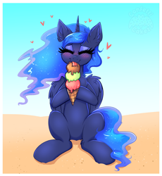 Size: 1763x1913 | Tagged: safe, artist:confetticakez, princess luna, alicorn, pony, g4, atg 2021, beach, belly, blushing, cute, ear fluff, eating, ethereal mane, ethereal tail, eyes closed, eyeshadow, female, folded wings, food, front view, heart, hoof hold, horn, ice cream, ice cream cone, licking, lunabetes, makeup, mare, neapolitan, newbie artist training grounds, outdoors, passepartout, sitting, solo, tail, tongue out, wings