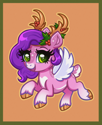 Size: 2453x2994 | Tagged: safe, artist:confetticakez, pipp petals, deer, deer pony, hybrid, original species, peryton, reindeer, g5, adorapipp, antlers, christmas, cloven hooves, cute, female, freckles, high res, holiday, holly, looking at you, mare, markings, open mouth, open smile, orange background, passepartout, reindeerified, simple background, smiling, smiling at you, solo, species swap, spread wings, unshorn fetlocks, wings