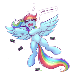 Size: 2000x2000 | Tagged: safe, artist:confetticakez, rainbow dash, pegasus, pony, g4, belly, belly button, drink, energy drink, eyes closed, female, high res, lying down, majestic as fuck, mare, monster energy, on back, open mouth, simple background, sleeping, snoring, solo, spread wings, sugar crash, tail, white background, wings