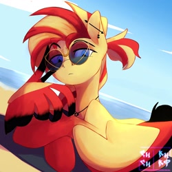 Size: 2560x2560 | Tagged: safe, artist:zaka, oc, oc only, pegasus, pony, beach, cloud, commission, glasses, jewelry, not sunset shimmer, ocean, pegasus oc, pendant, piercing, solo, water