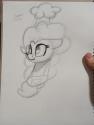 Size: 3060x4080 | Tagged: safe, artist:psychotix, pinkie pie, pony, g4, apron, bust, chef's hat, clothes, female, floppy ears, hat, monochrome, pencil drawing, sketch, sketchbook, smiling, solo, traditional art