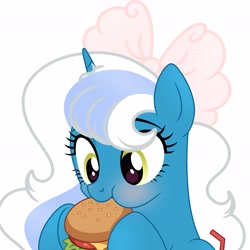 Size: 6890x6890 | Tagged: safe, artist:riofluttershy, oc, oc only, oc:fleurbelle, alicorn, pony, alicorn oc, blushing, bow, burger, cute, eating, female, food, hair bow, horn, mare, simple background, solo, white background, wings, yellow eyes