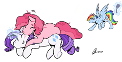 Size: 1499x770 | Tagged: safe, artist:rwl, pinkie pie, rainbow dash, rarity, earth pony, pegasus, pony, unicorn, g4, cuddling, eyes closed, female, horn, imminent spanking, lesbian, levitation, magic, mare, raridashpie, ship:pinkiedash, ship:raridash, ship:raripie, shipping, simple background, sneaking, spatula, telekinesis, trio, trio female, white background