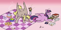 Size: 1997x987 | Tagged: safe, artist:rwl, derpy hooves, twilight sparkle, alicorn, pegasus, pony, g4, banana, book, duo, duo female, eraser, female, flower, food, gradient background, kettle, lesbian, mare, muffin, pencil, picnic blanket, plate, pushing, sandwich, ship:twerpy, shipping, teapot, twilight sparkle (alicorn)